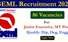 BEML Notification 2022 – Opening for 86 Junior Executive, MT Posts